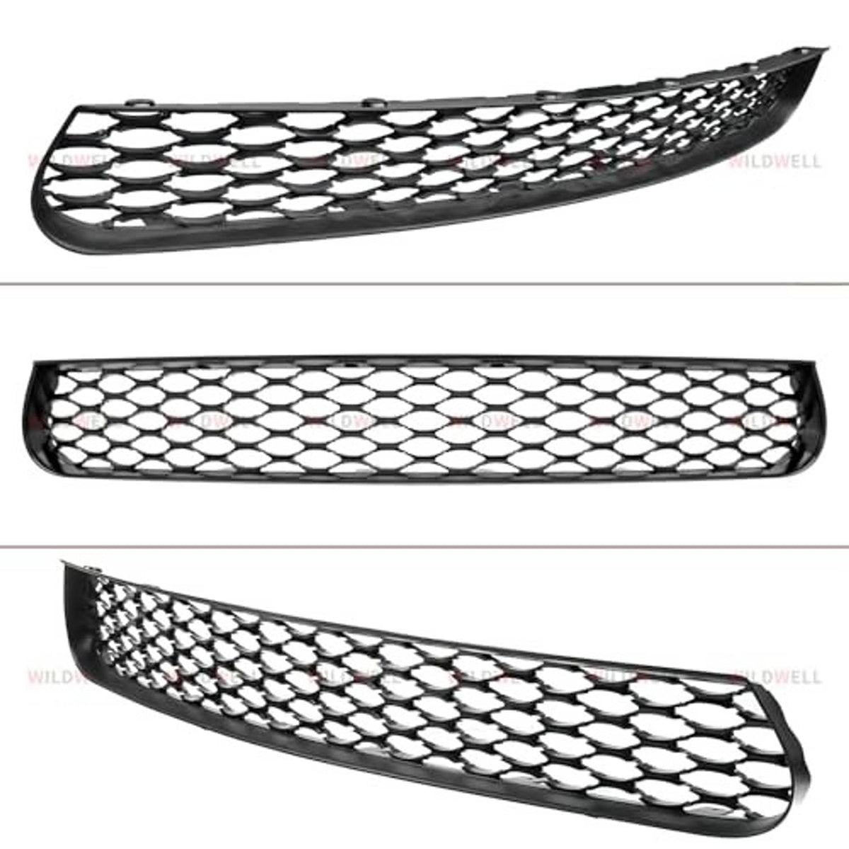 Three angles of black honeycomb front lower grille with circular mesh pattern
