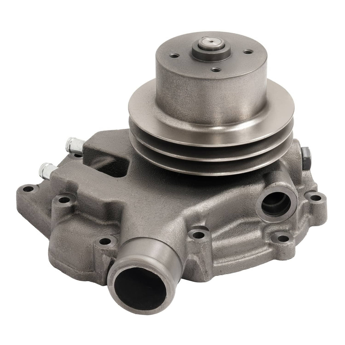 Metal water pump assembly with pulley, mounting holes, and side ports