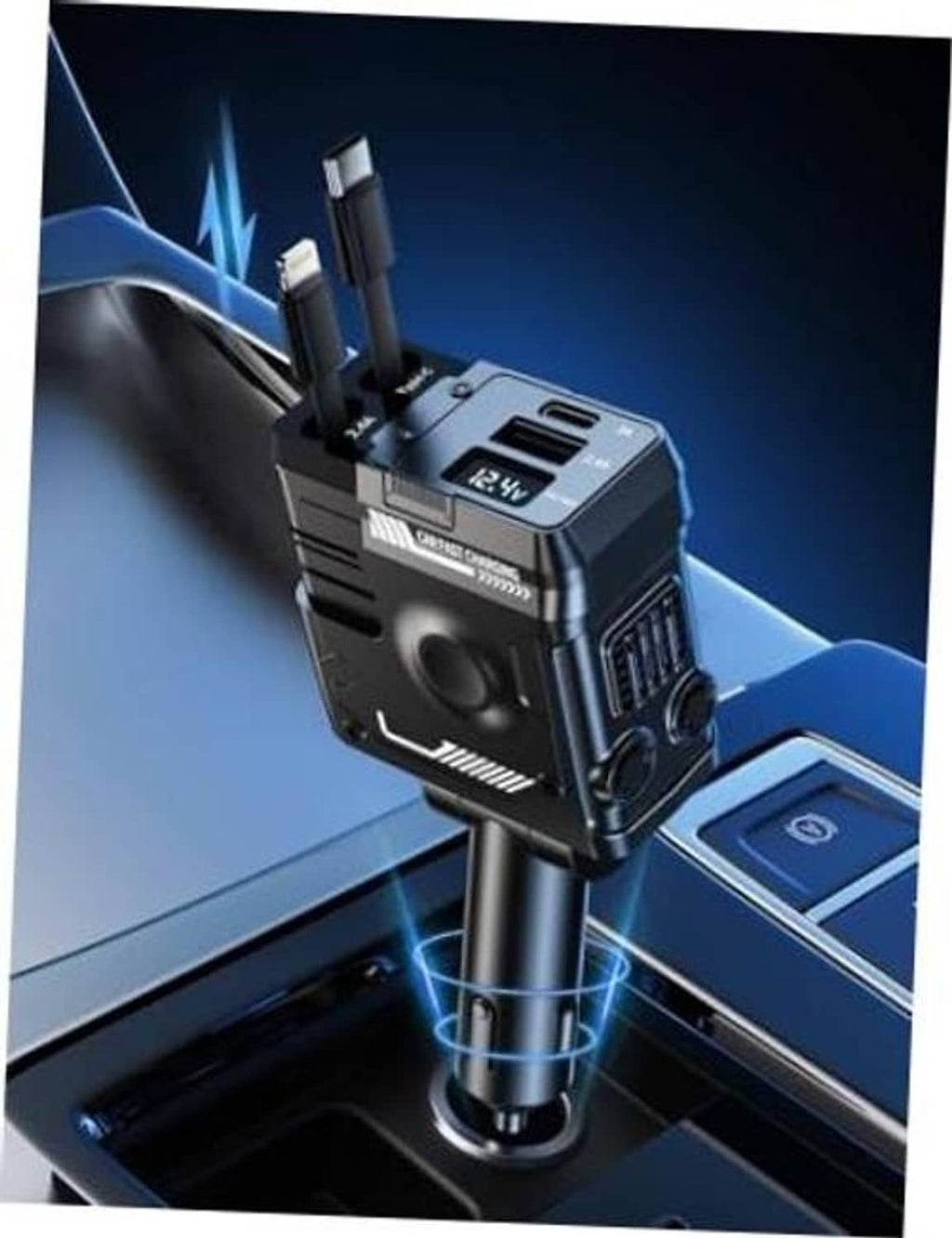 Retractable 4-in-1 car phone charger with LED screen and retractable cables