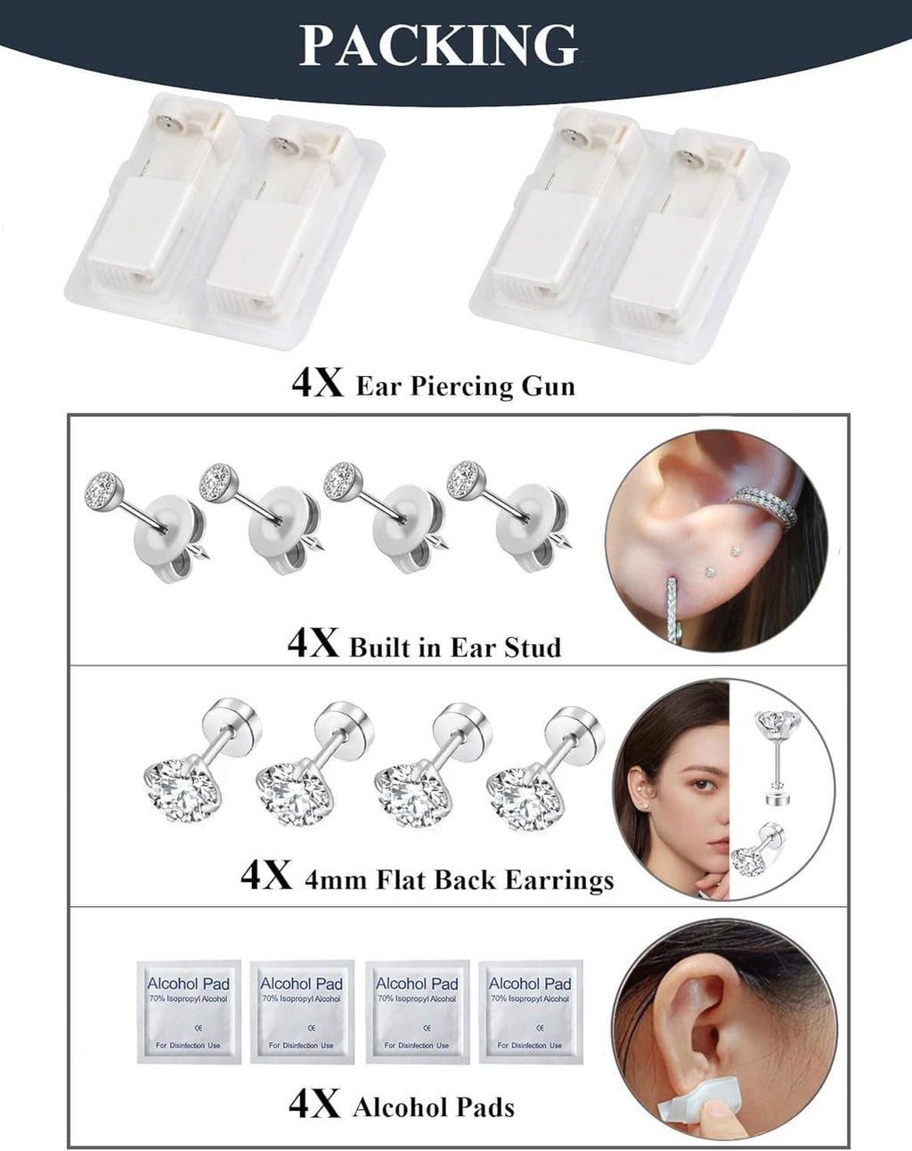 Ear piercing kit packaging showing 4 piercing guns, 4 CZ stud earrings, and 4 alcohol pads