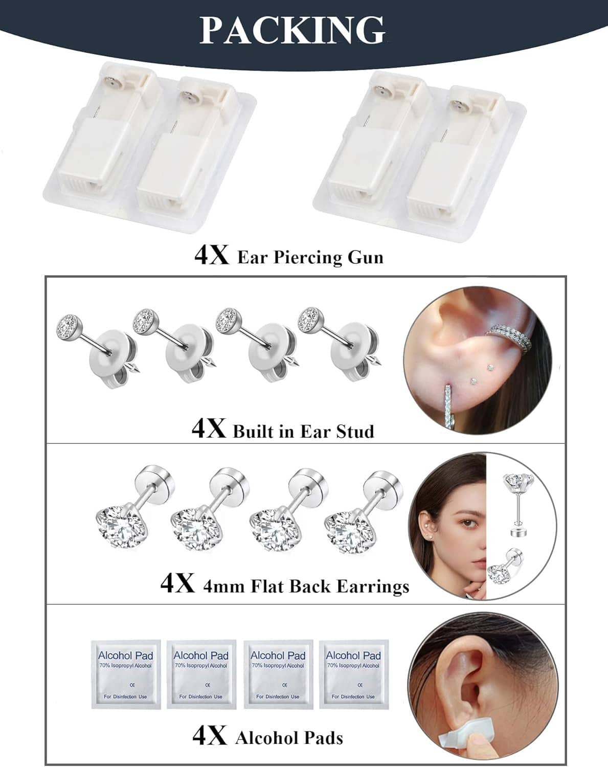 Ear piercing kit packaging showing 4 piercing guns, 4 CZ stud earrings, and 4 alcohol pads