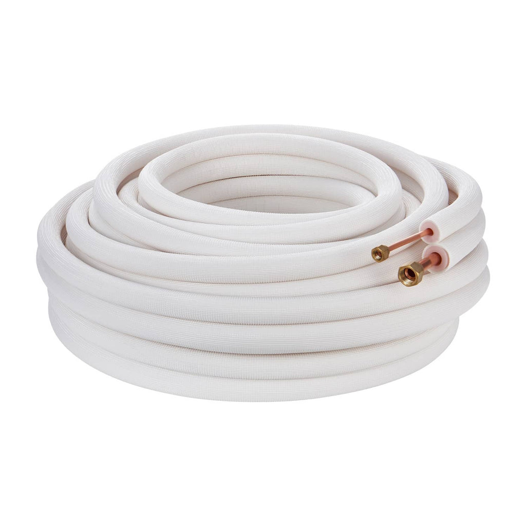 Insulated mini-split line set: coiled white tubing with copper connectors and red lines