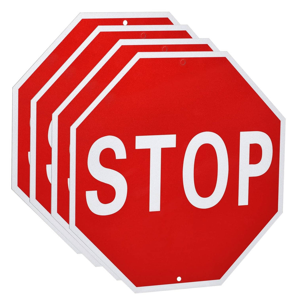 Set of octagonal red stop signs with white STOP lettering and border