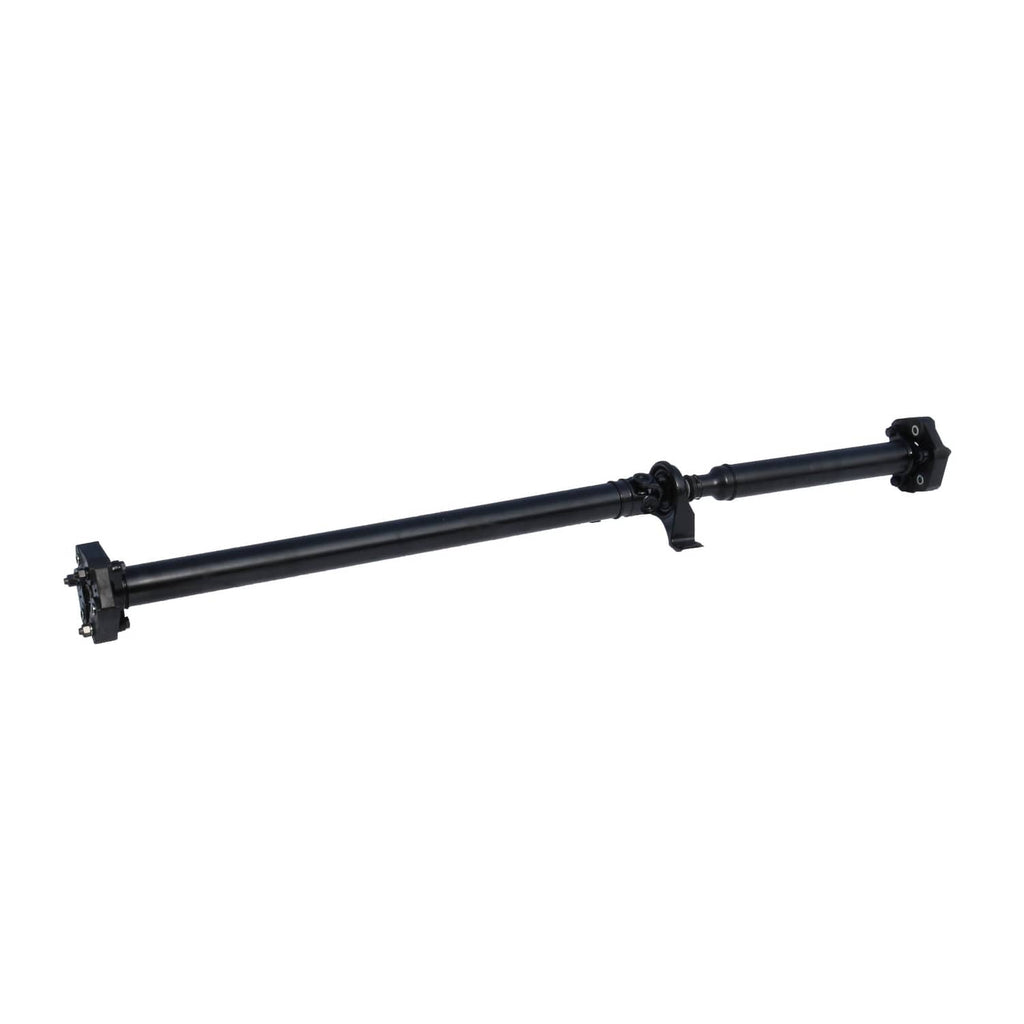 Black drive prop shaft assembly with two end flanges and center support, side view