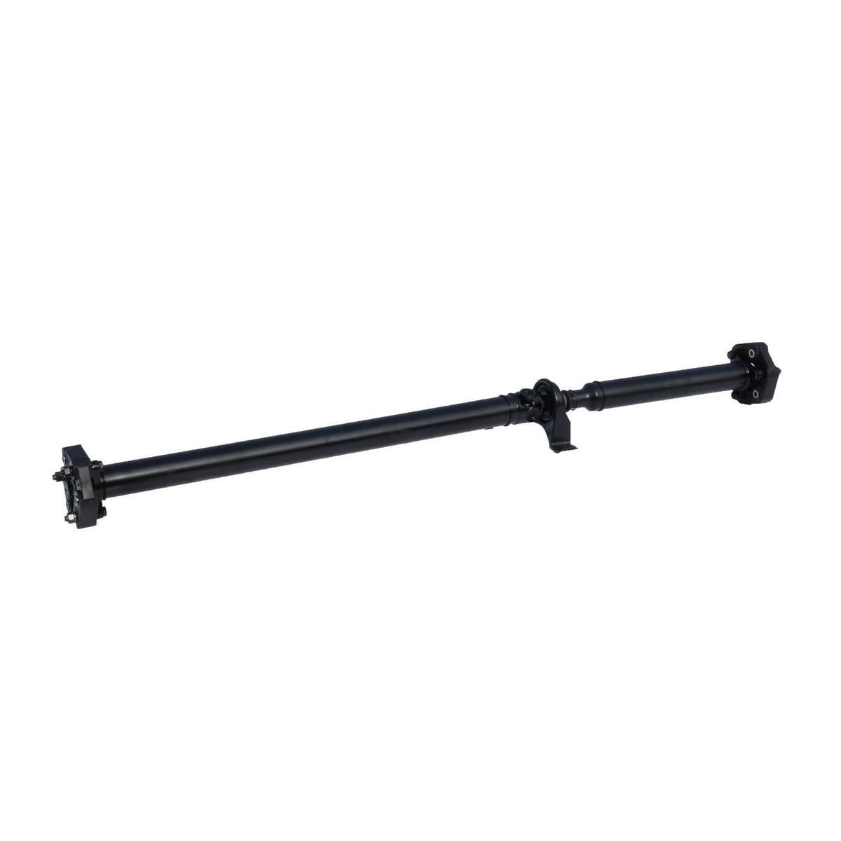 Black drive prop shaft assembly with two end flanges and center support, side view
