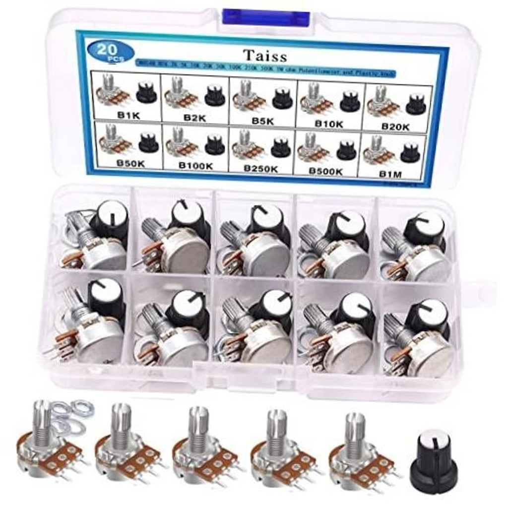 Potentiometer kit in clear organizer with multiple rotary knobs and metal pin terminals