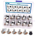 Potentiometer kit in clear organizer with multiple rotary knobs and metal pin terminals