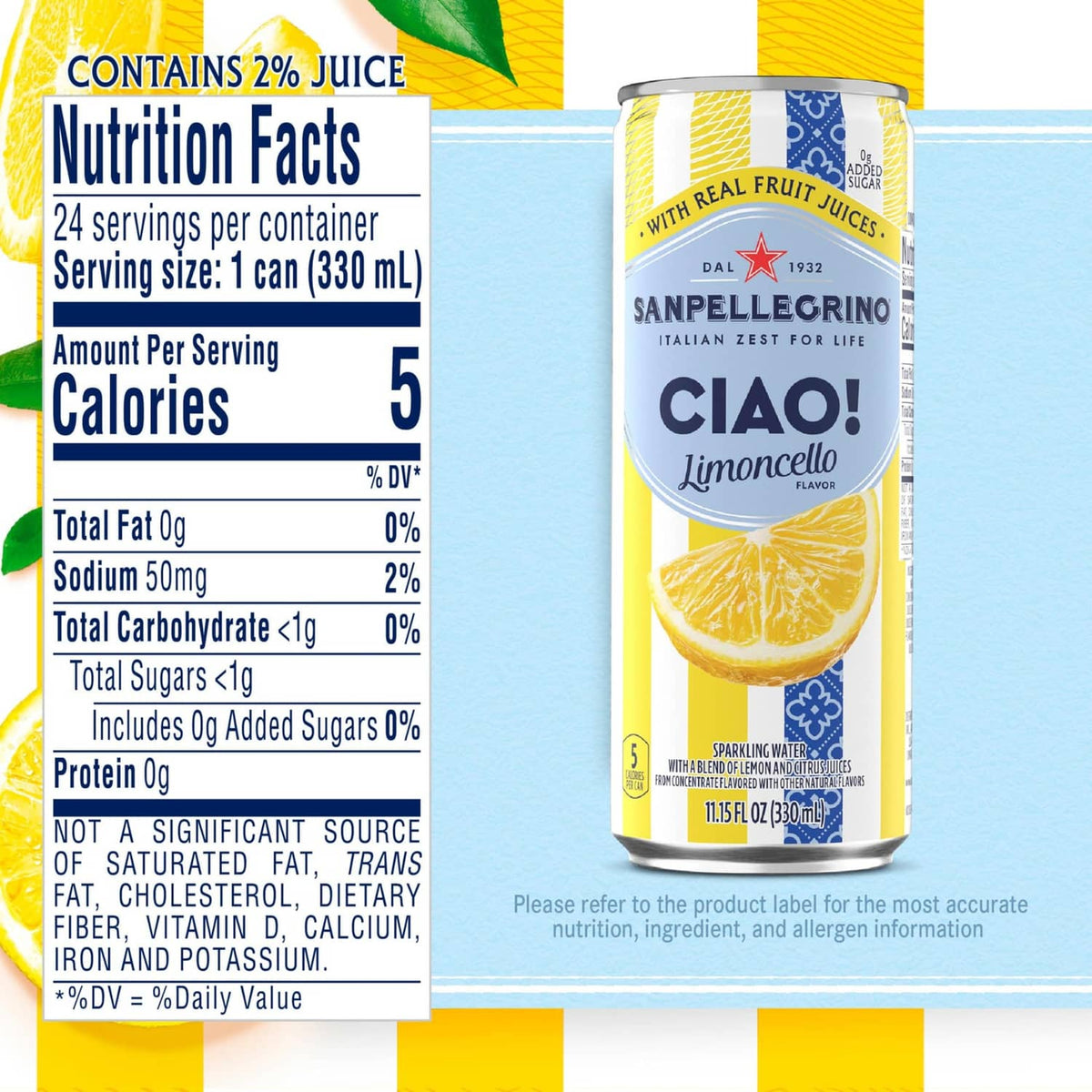 Nutrition Facts panel beside Sanpellegrino Ciao limoncello flavored sparkling water can