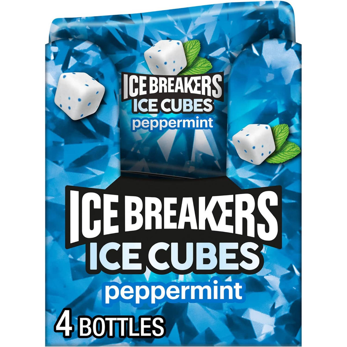 Peppermint sugar-free chewing gum bottles, ice cube carton with 4 pack artwork