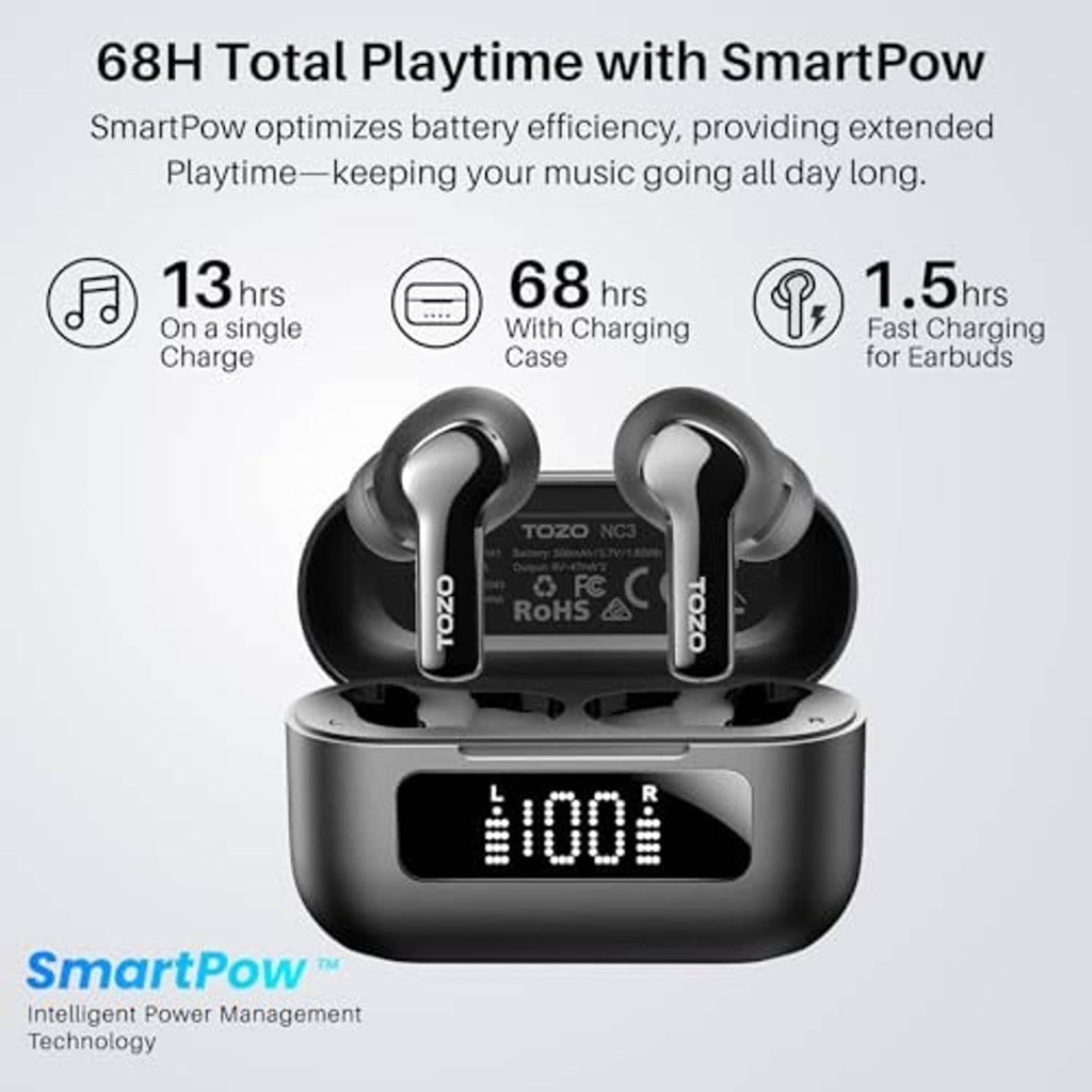 Black wireless earbuds charging in case with LED display reading 1008