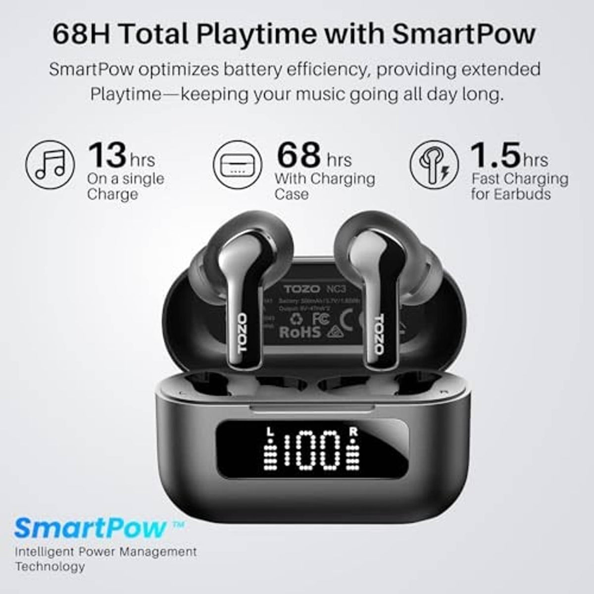Black wireless earbuds charging in case with LED display reading 1008