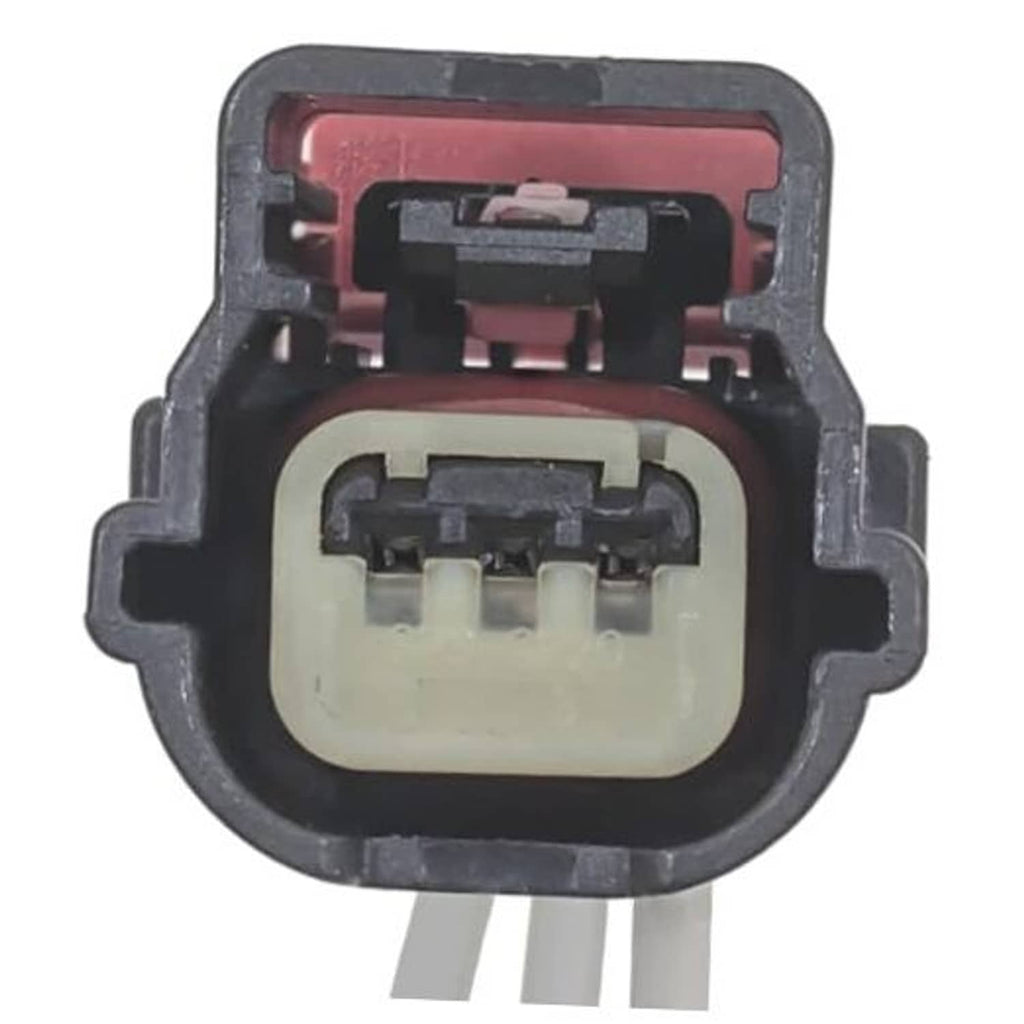 Engine crankshaft position sensor connector front view, black housing and red internal latch