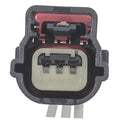 Engine crankshaft position sensor connector front view, black housing and red internal latch