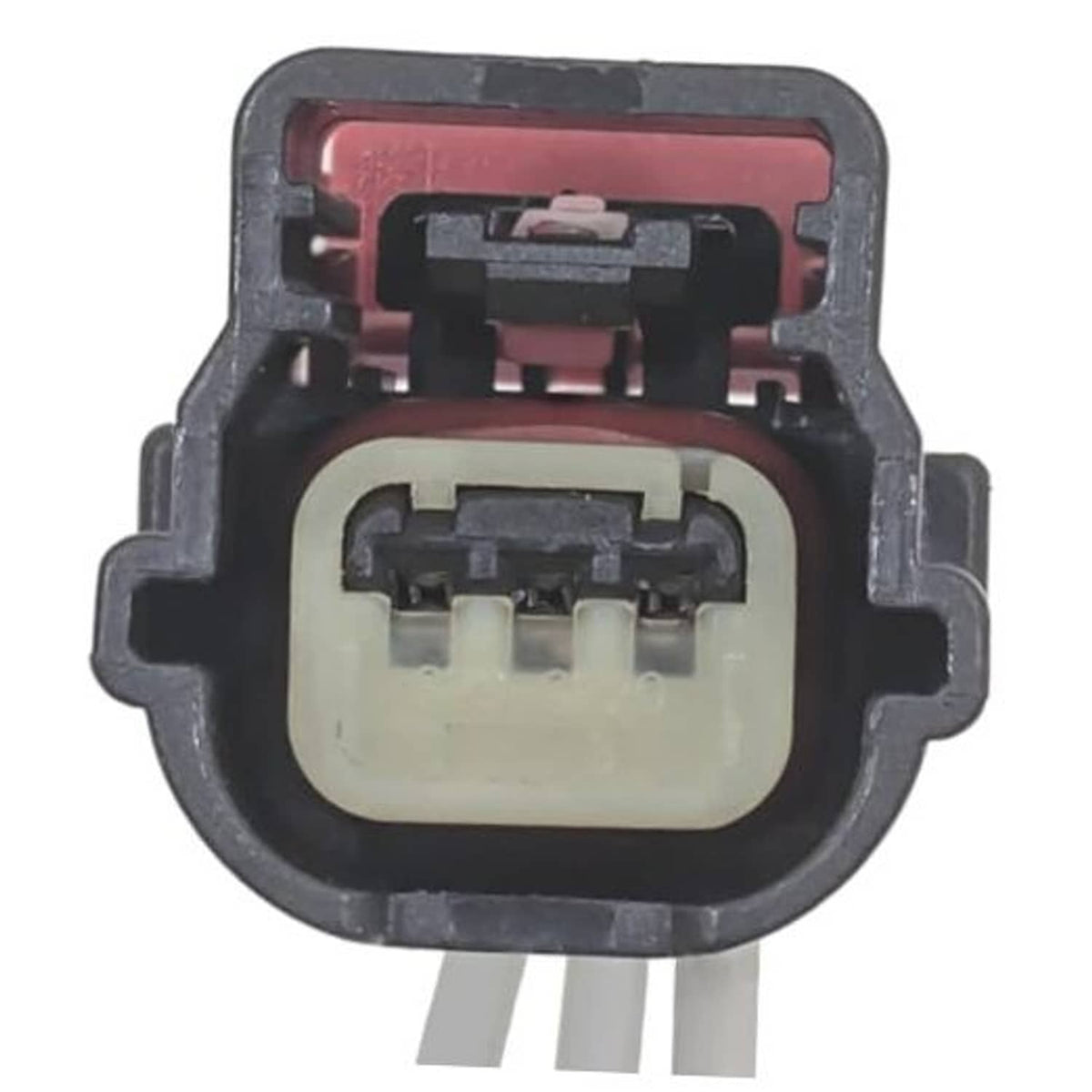 Engine crankshaft position sensor connector front view, black housing and red internal latch