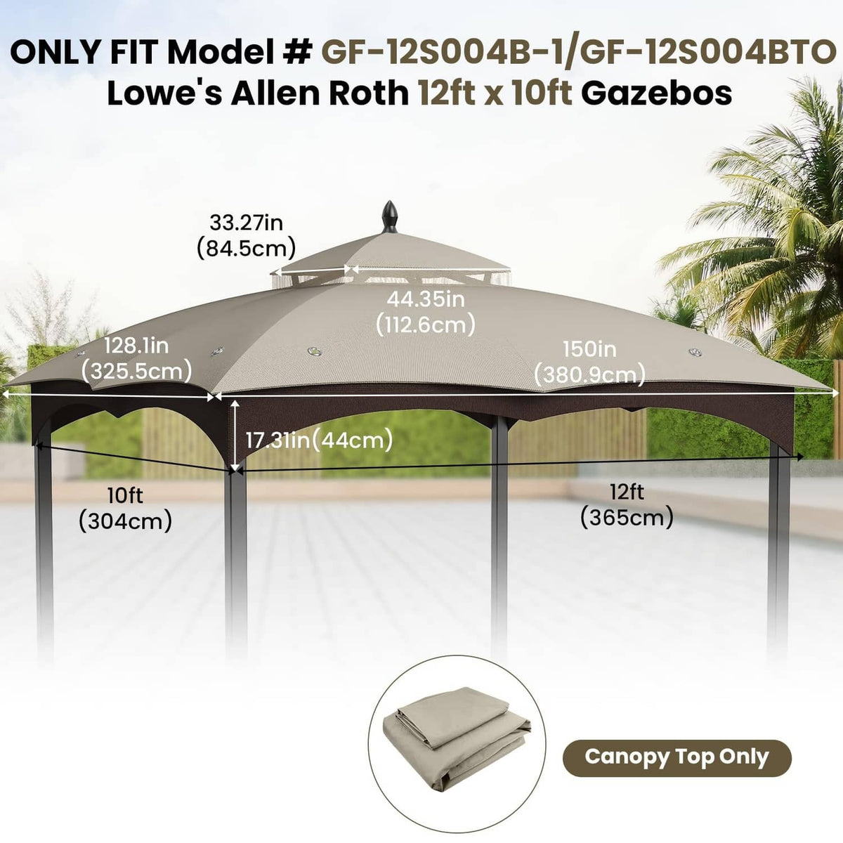 Beige gazebo canopy replacement top on frame, full overhead roof cover