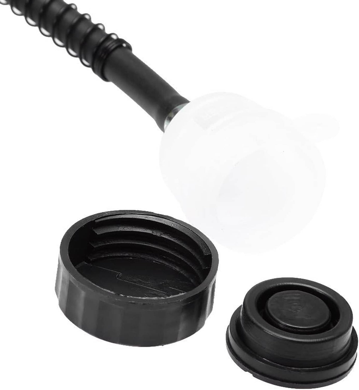 Rear brake master cylinder reservoir and hose end with black cap and seal