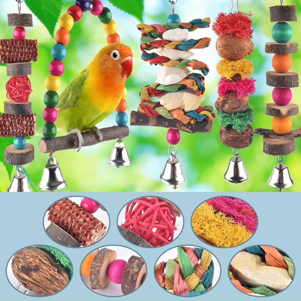 Hanging bird chew toy set with wooden blocks, rope twists, beads, and bell chimes