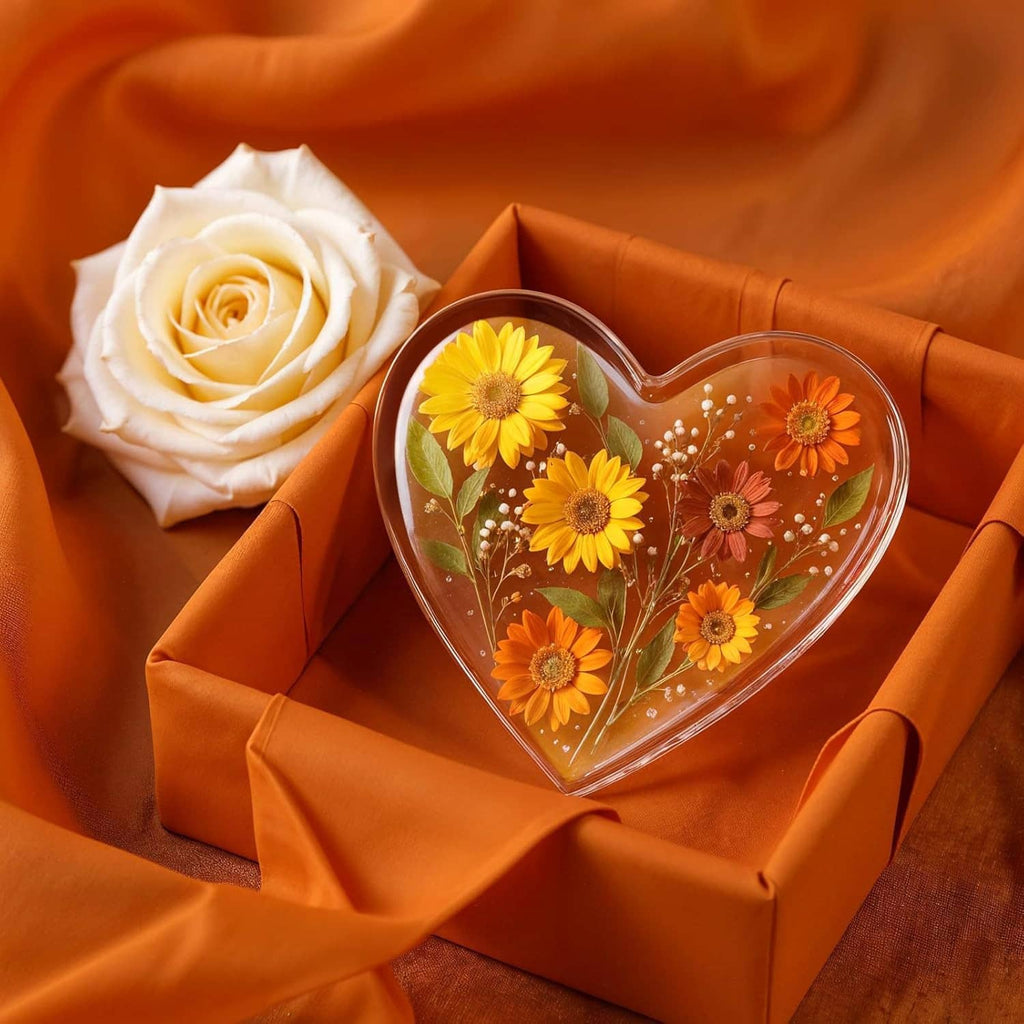 Clear heart resin tray filled with orange and yellow flowers and green leaves