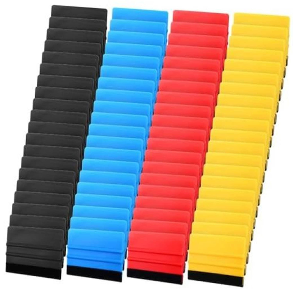 Window privacy film squeegee set with felt pads, assorted black, blue, red, and yellow blocks
