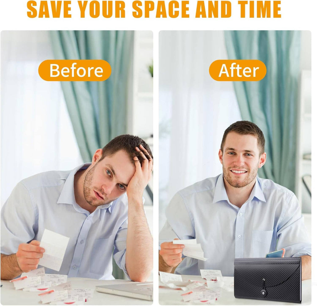 Black accordion organizer storing receipts on a desk with before-and-after view