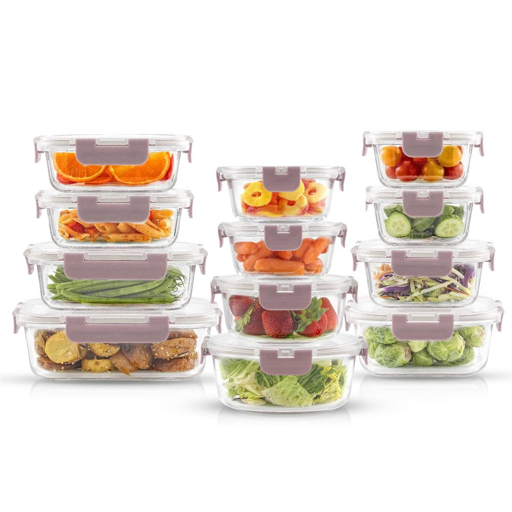 Stacked borosilicate glass storage containers with pink lids, filled with mixed food