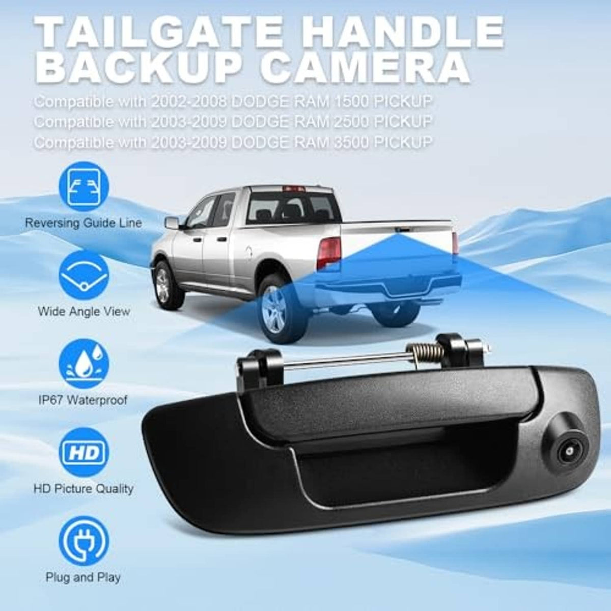Black rear tailgate handle backup camera with mounting bar and small round lens
