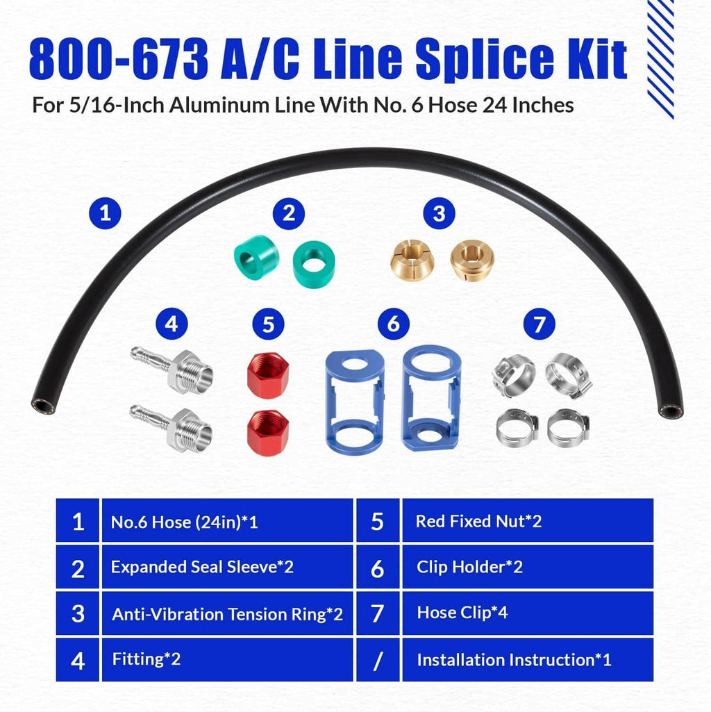 A/C line splice kit contents with black U-shaped hose and colored seal pieces