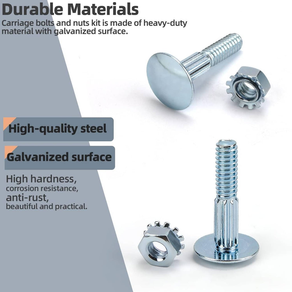 Galvanized carriage bolt and lock nut, close-up with bolt head and threaded shaft.