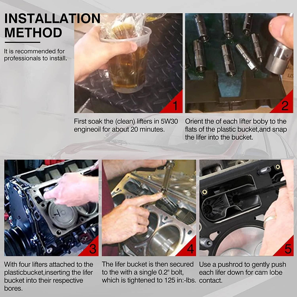 Installation method steps diagram for AFM valve lifters, soaking and placement
