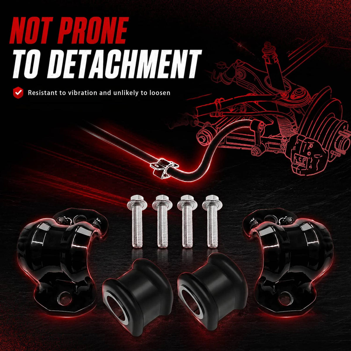 Front sway bar link components: black bushings with red vibration-dampener ends