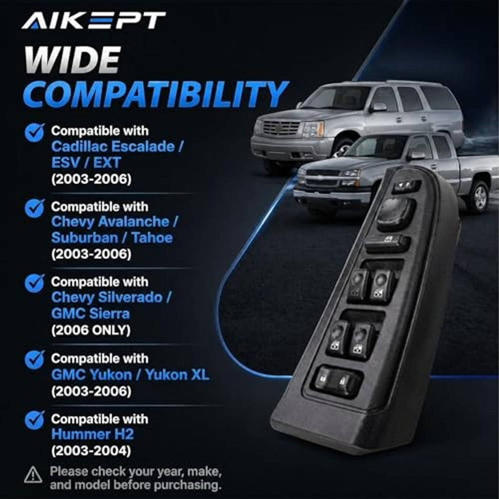 Black power window switch with button panel for windows, lock, and mirror functions