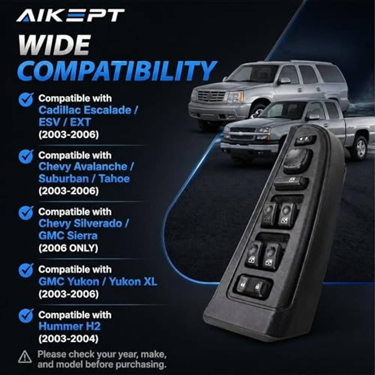 Black power window switch with button panel for windows, lock, and mirror functions