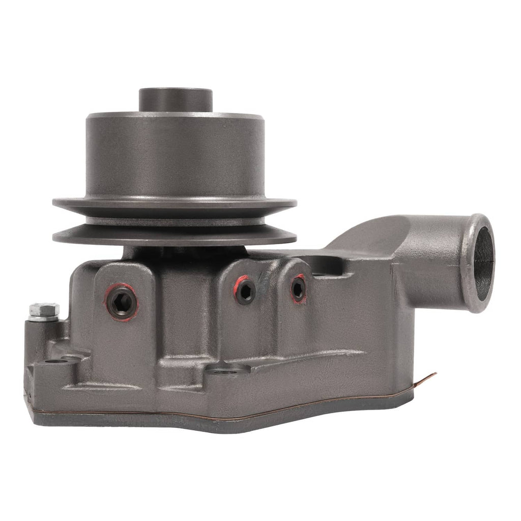 Water pump assembly with gray cast body, threaded ports, and top pulley housing