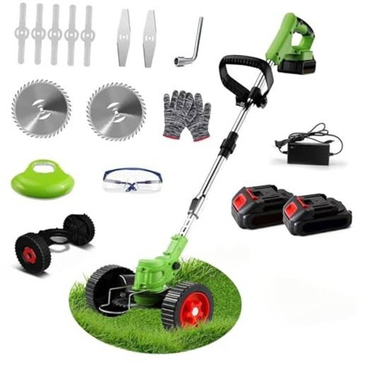 Green cordless electric grass strimmer with battery packs and circular cutting blade