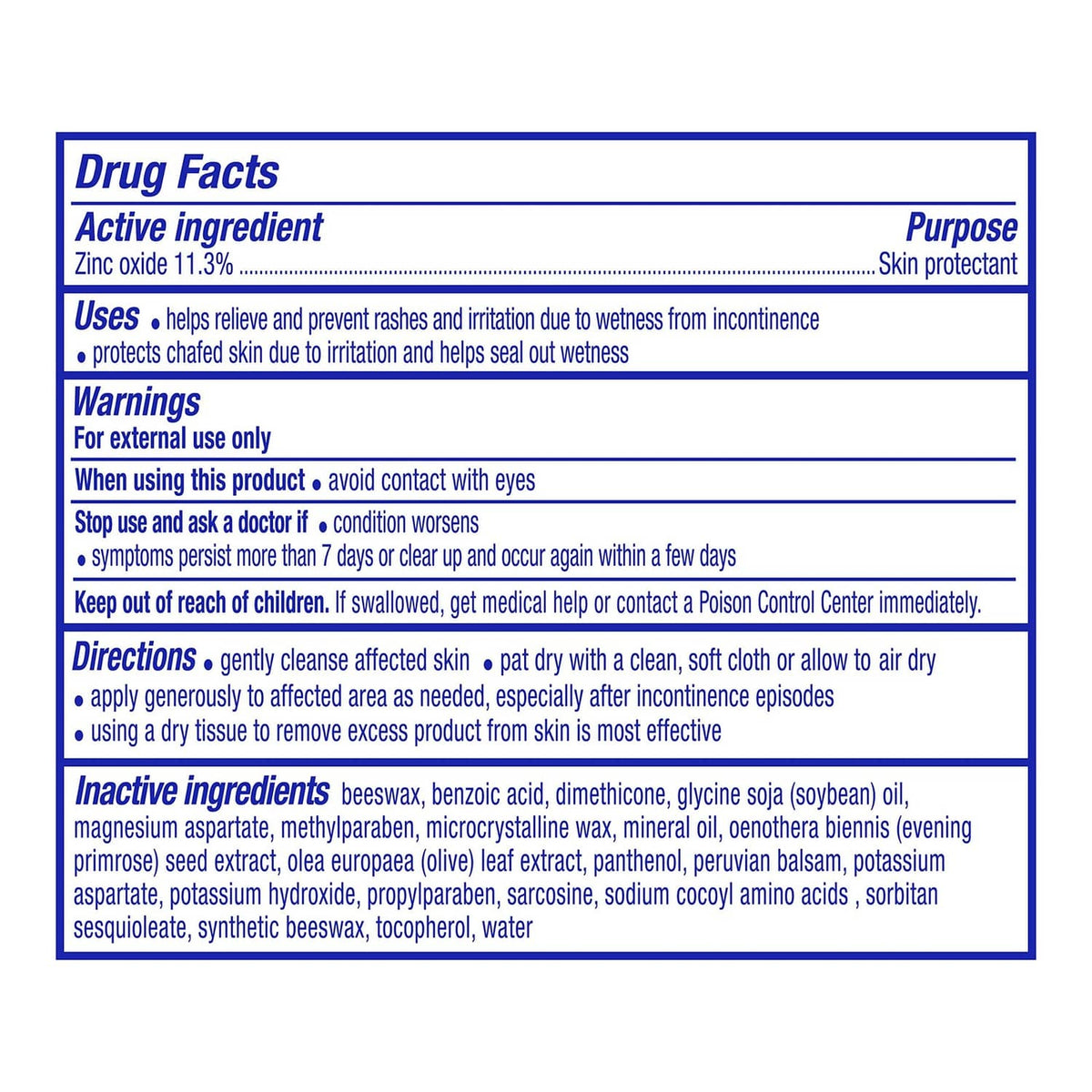 Drug Facts panel for Balmex AdultAdvantage skin relief cream with active zinc oxide 11.3%