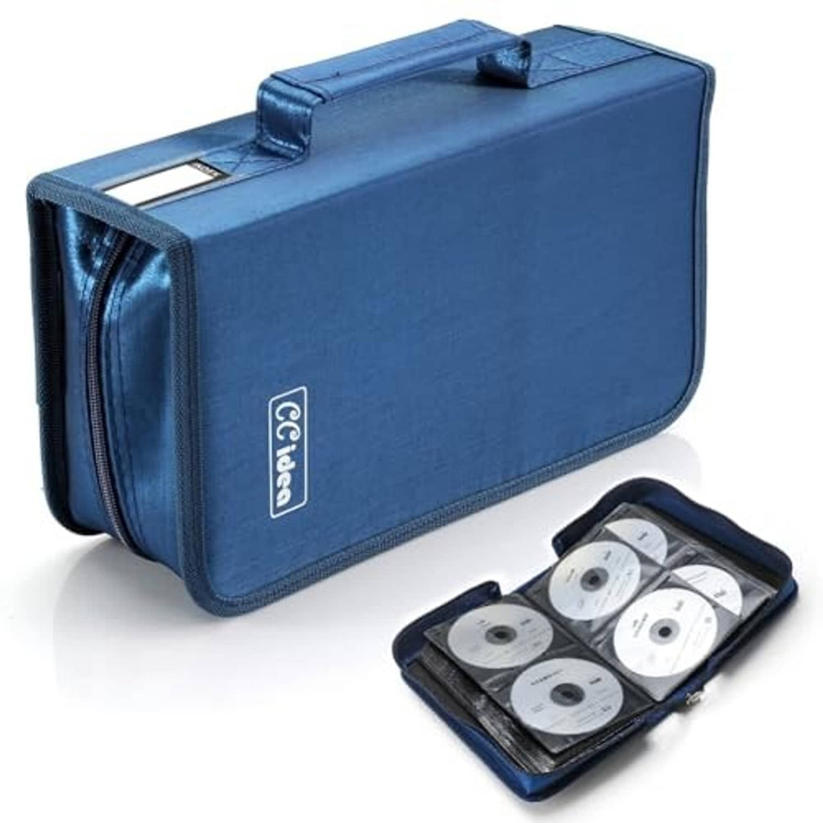 Blue zippered DVD/CD organizer case with top handle and label, with disc holder