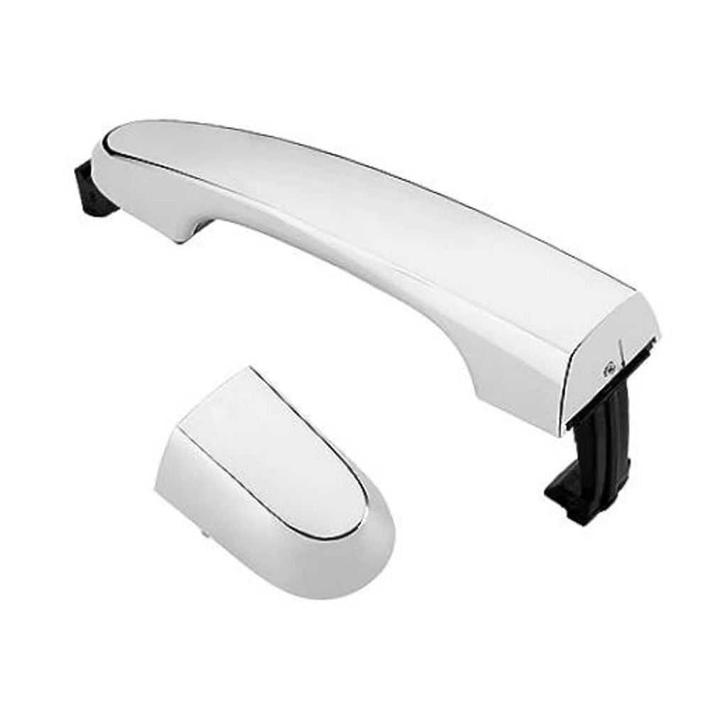 Silver exterior door handle with curved lever and black mounting clips, front right