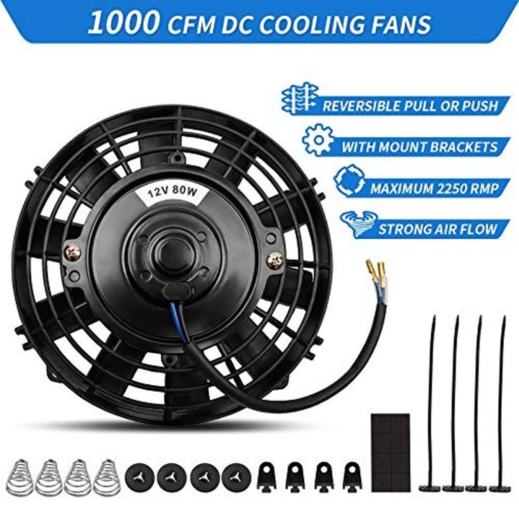 12V radiator cooling fan kit with black grille, mount hardware, and power leads