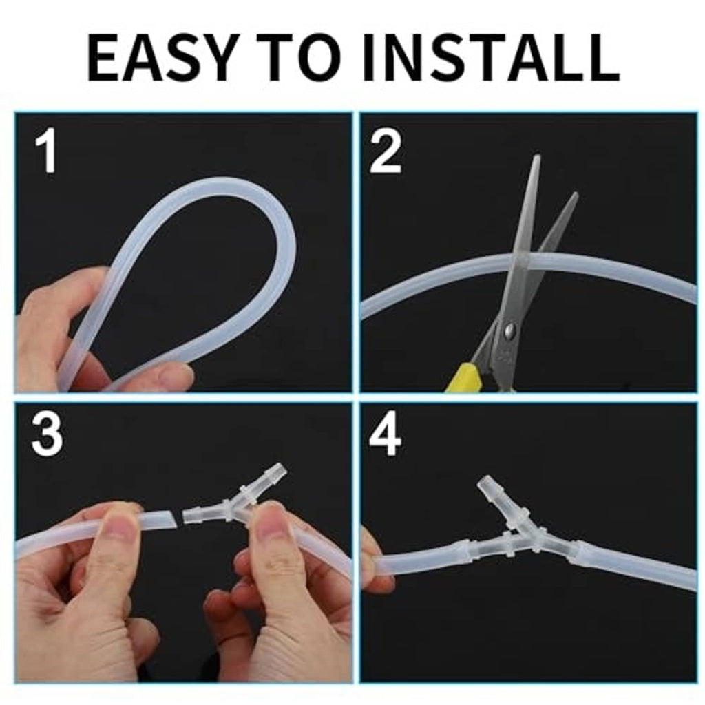 White plastic hose barb adapter shown with clear tubing connection for install