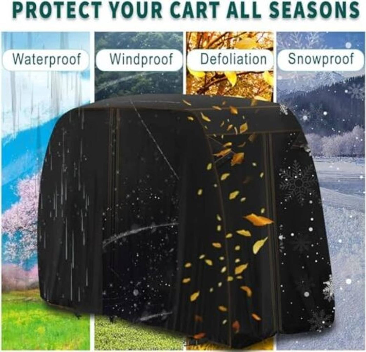 Black waterproof-style golf cart cover with full enclosure shape and curved roof