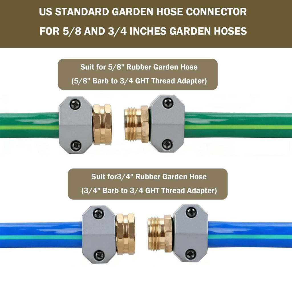 Two garden hose connector adapters with gray bodies and gold threaded ends on hoses