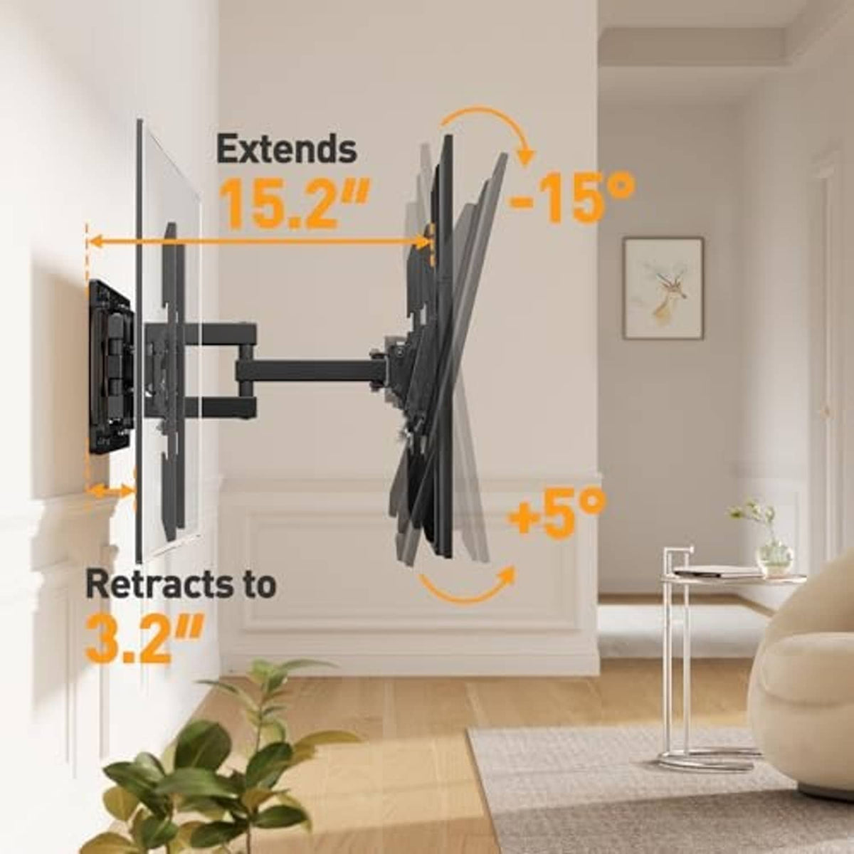 Full-motion TV wall mount extends 15.2 in and retracts 3.2 in from the wall