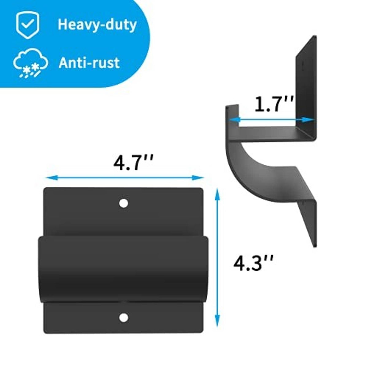 Black ladder storage hook size diagram: 4.7 in wide, 4.3 in tall