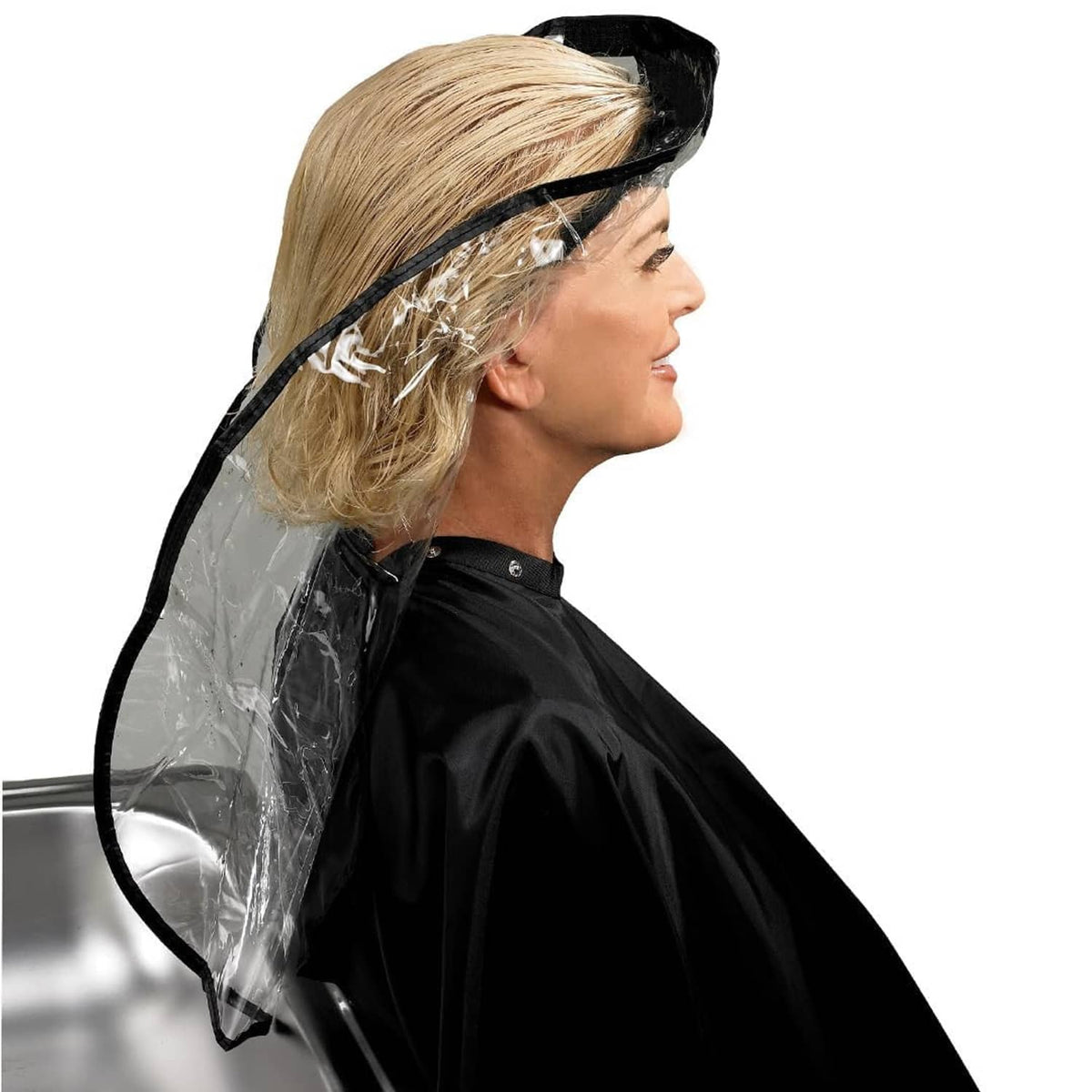 Hair washing hair funnel with black rim and clear plastic shield for upright use