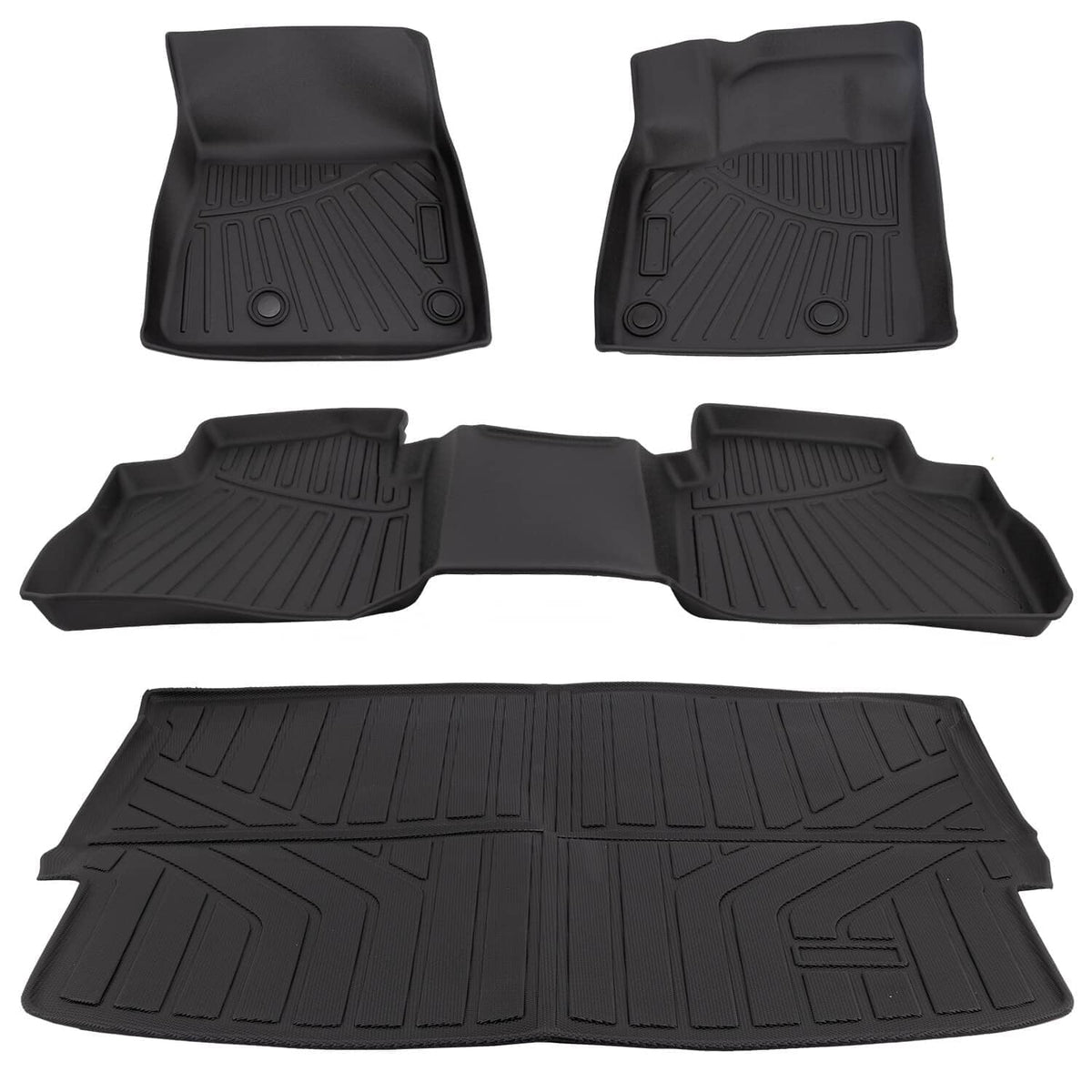 Black TPE all-weather floor mats set with matching cargo liner, sculpted for fit
