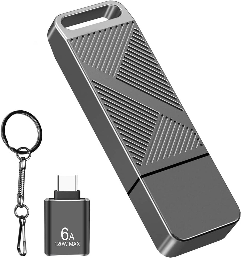 Grey USB flash drive with keychain and USB-C adapter, textured metal design