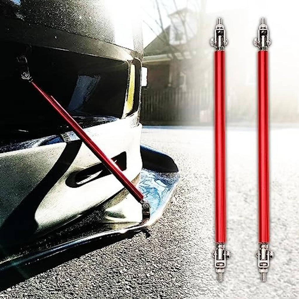 Two red front bumper lip strut rods with silver end clamps and hardware