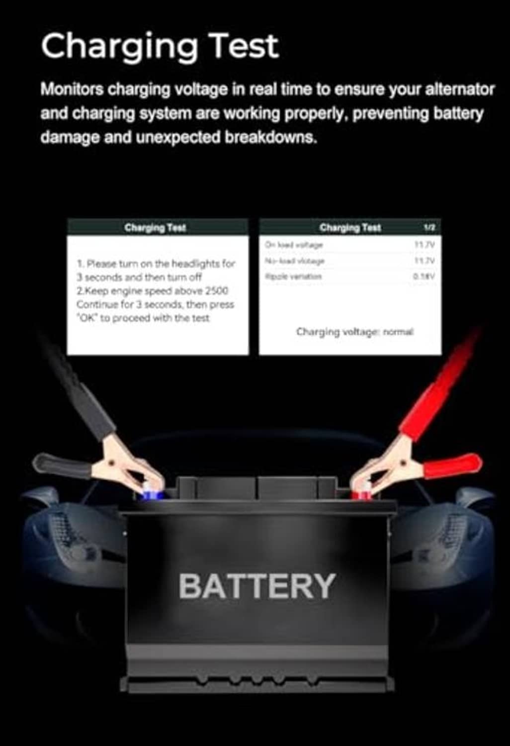 Blue VEEPEAK battery tester with LCD on top of black battery during charging test
