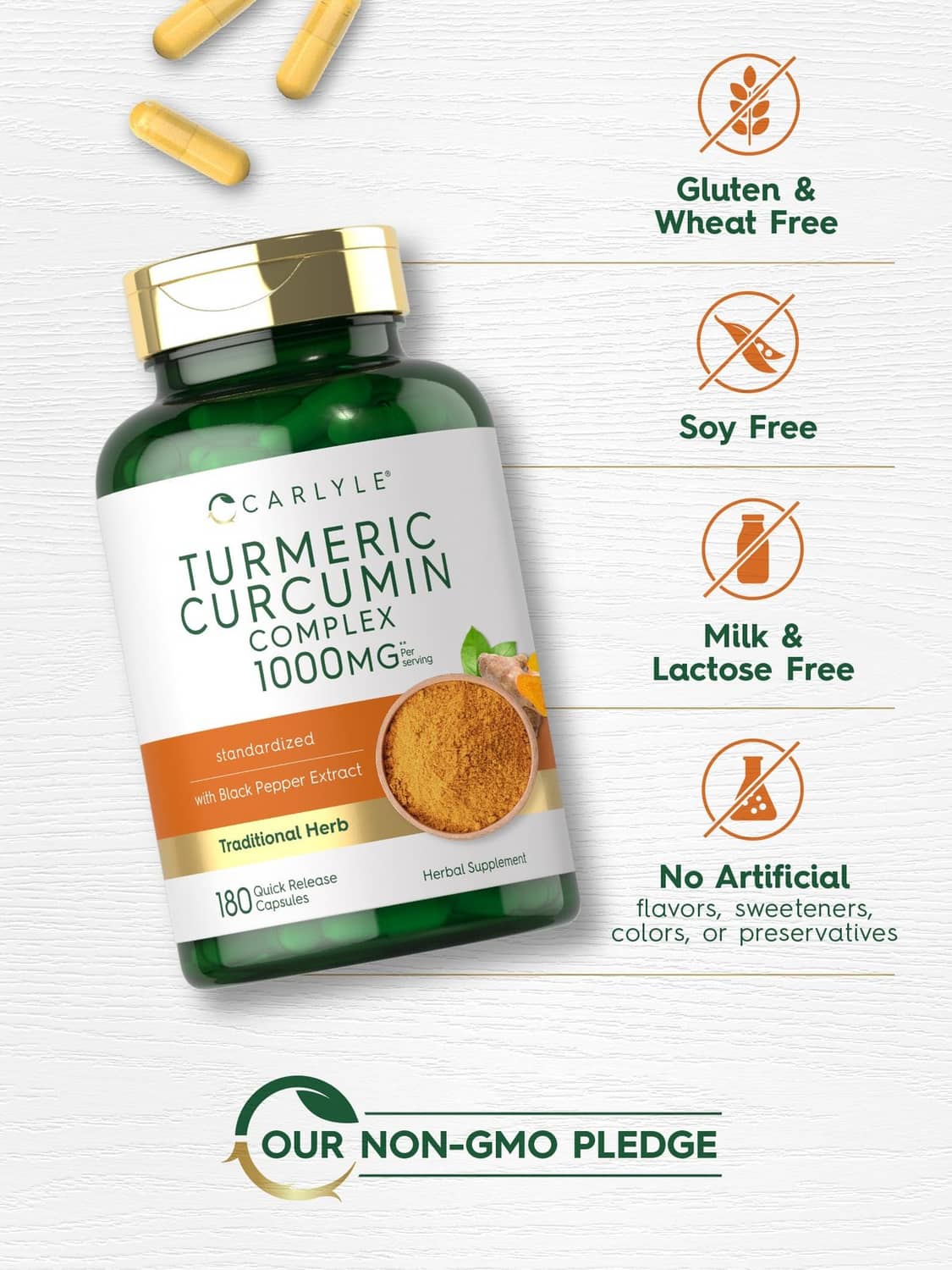 Carlyle turmeric curcumin complex 1000mg bottle with gluten-free and soy-free icons