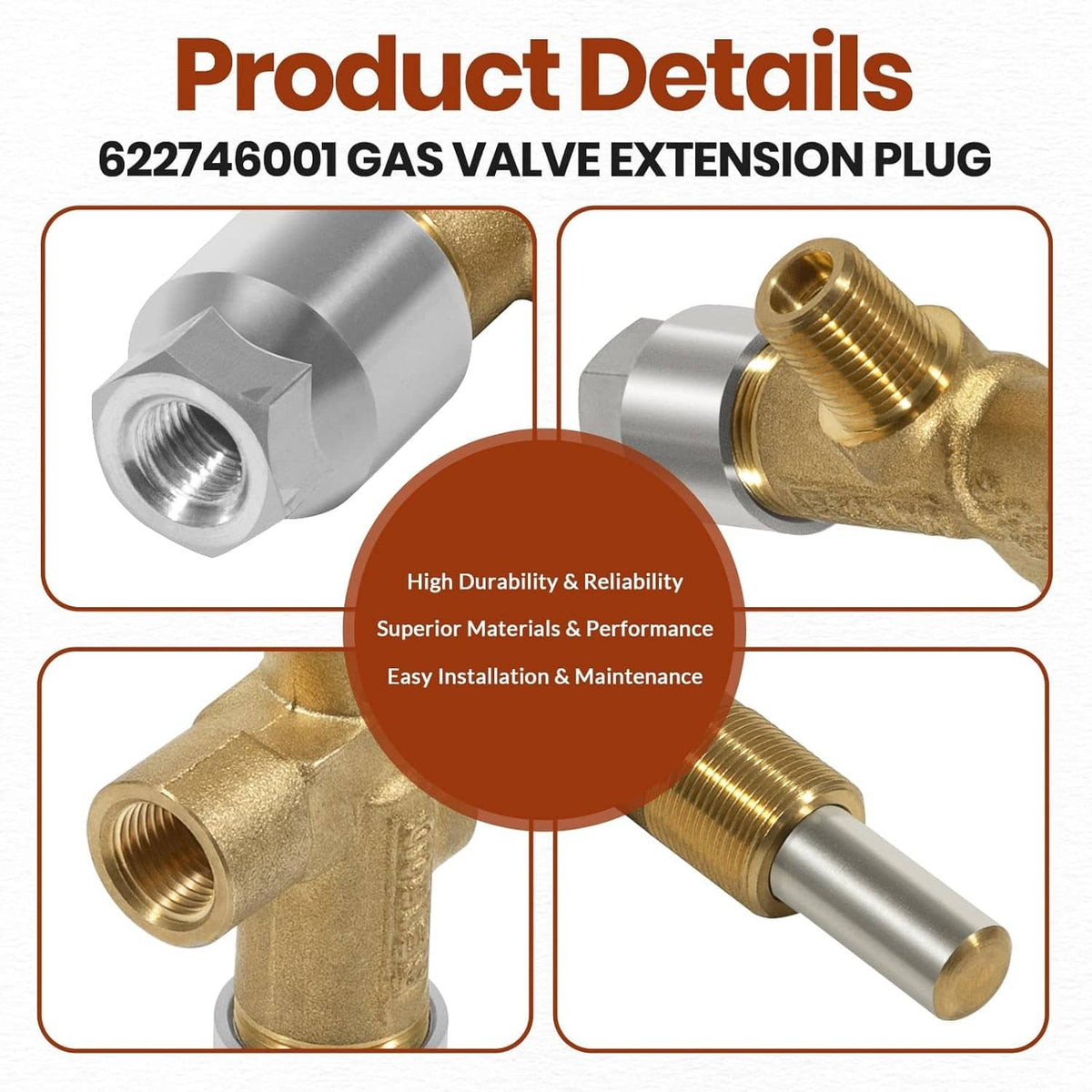 Gas valve extension plug detail showing brass body and silver cylindrical fittings
